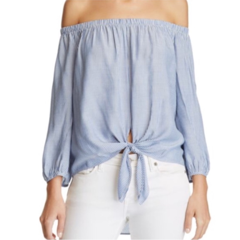 Aqua Off the Shoulder Blue and White Striped Top with Tie Front
